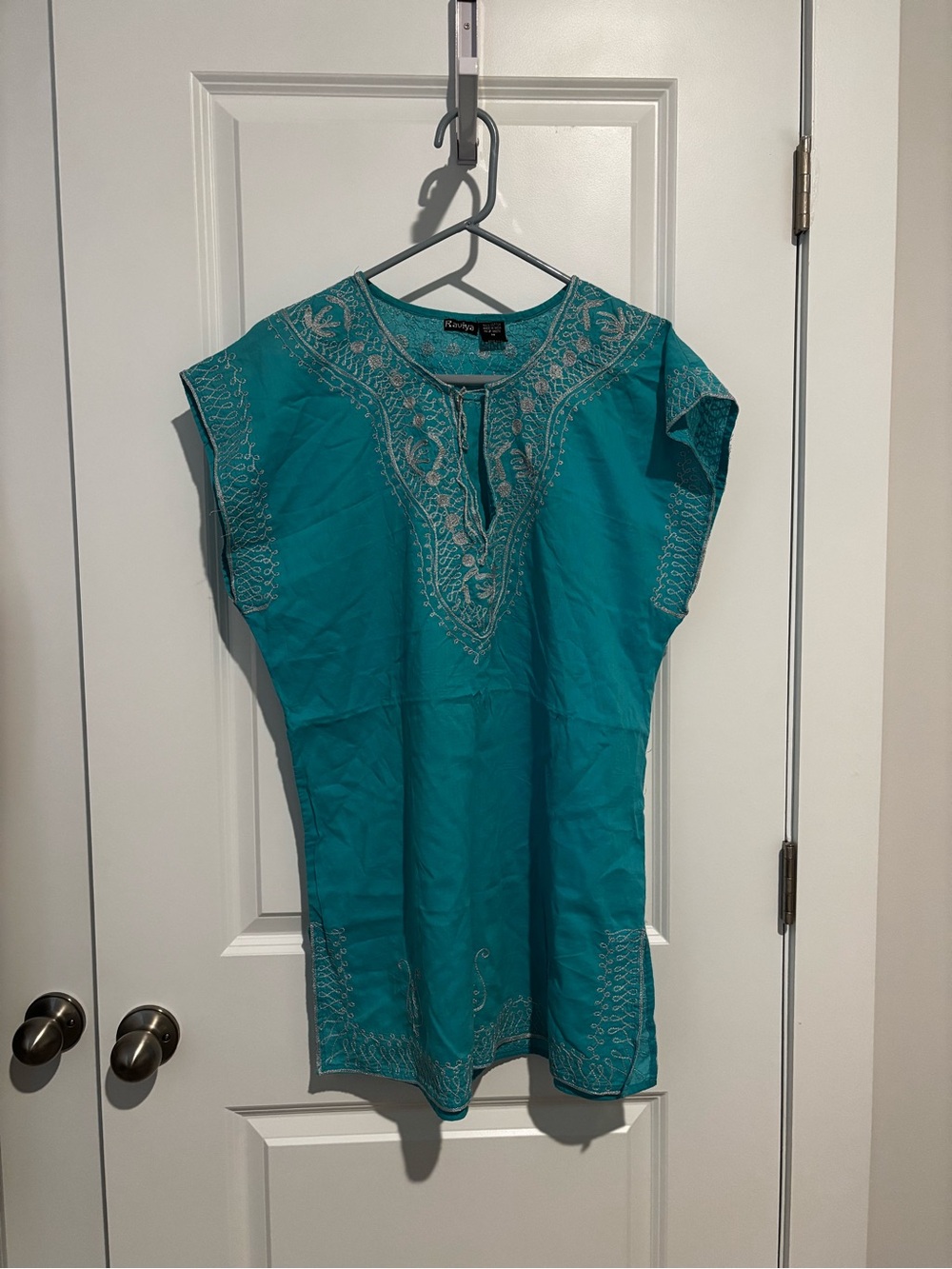 Teal Embroidered Short-Sleeve Tunic Top